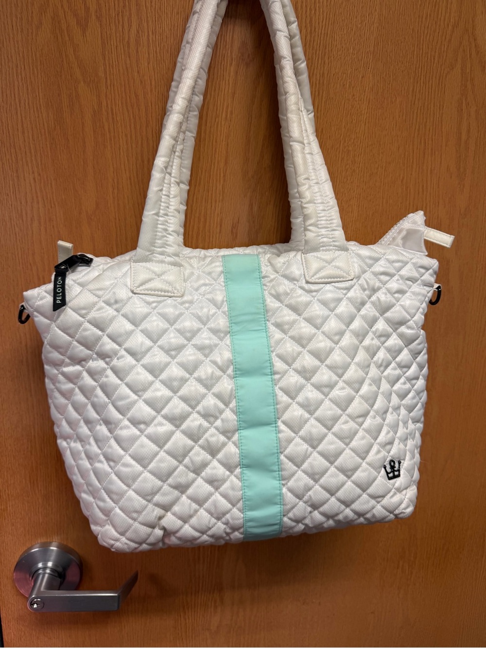 Oliver Thomas/Peloton Collab White Quilted Tote with Mint Center Stripe